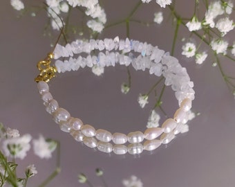 Raw Moonstone & Pearl Bracelet: 14K Gold Vermeil, June Birthstone