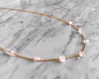 Raw Rose Quartz Necklace: 14K Gold Vermeil Delicate Chain