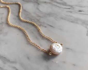 Full Moon / Coin pearl necklace / freshwater Pearl / Dainty gold necklace / Bridesmaids gift