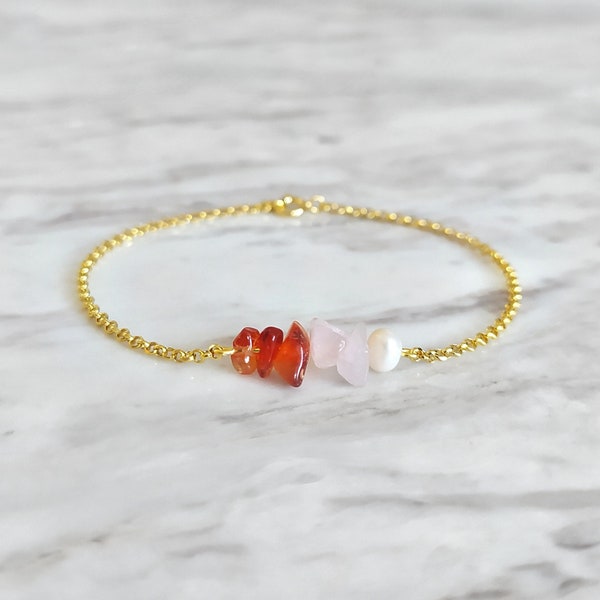 Venus / Raw rose quartz, carnelian & pearl bracelet / Raw Gemstone delicate Bracelet / Anklet