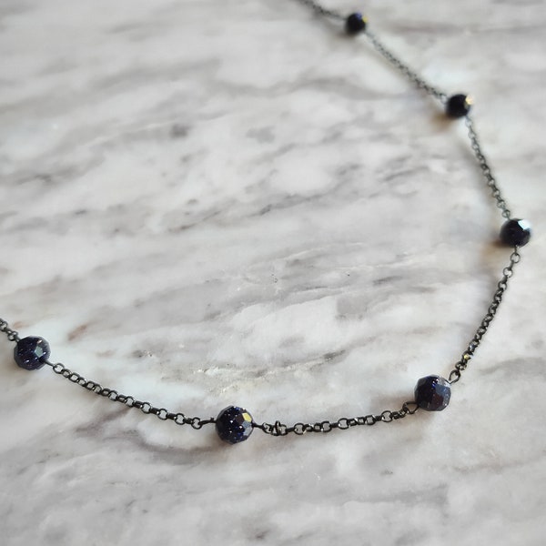 Midnight blue sandstone necklace / black chain choker necklace / witchy gothic 90s necklace