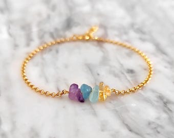Gemini Zodiac Bracelet: Raw Amethyst, Aquamarine & Citrine Gemstone - 14K Gold Vermeil