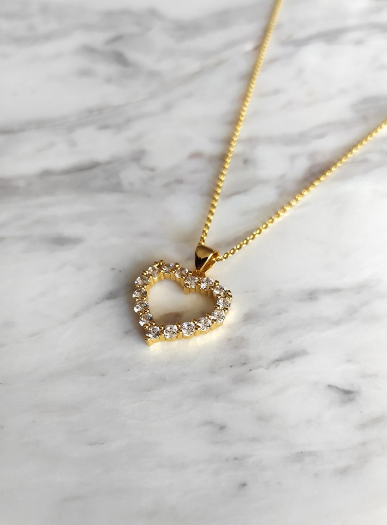 Gold heart necklace Open rhinestone heart necklace heart jewelry Gift for Her