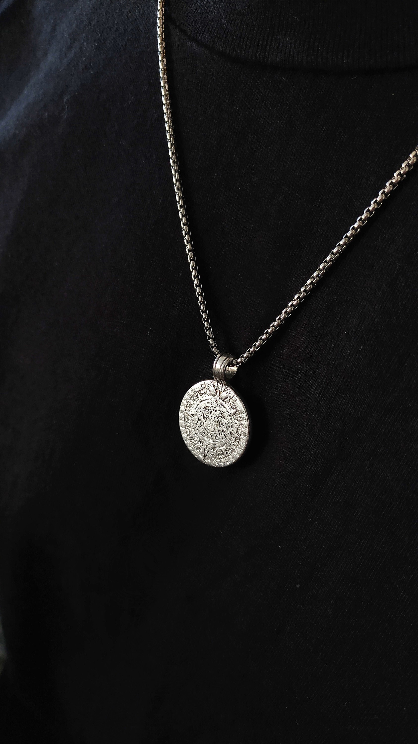 Aztec calendar silver coin necklace for men / men's pendant / sterling silver or stainless steel chain / Gift for him / mayan necklace