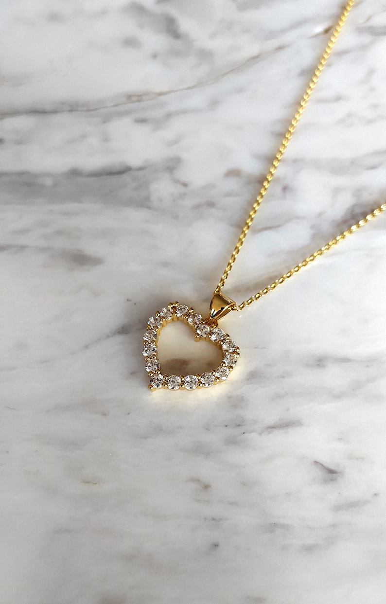 Gold heart necklace Open rhinestone heart necklace heart jewelry Gift for Her