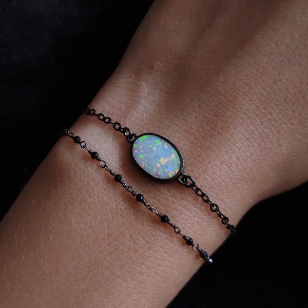 Moon Castle / White opal black chain bracelet / October Birthstone / delicate gemstone bracelet