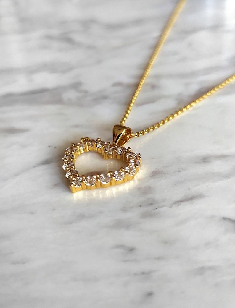 Gold heart necklace Open rhinestone heart necklace heart jewelry Gift for Her