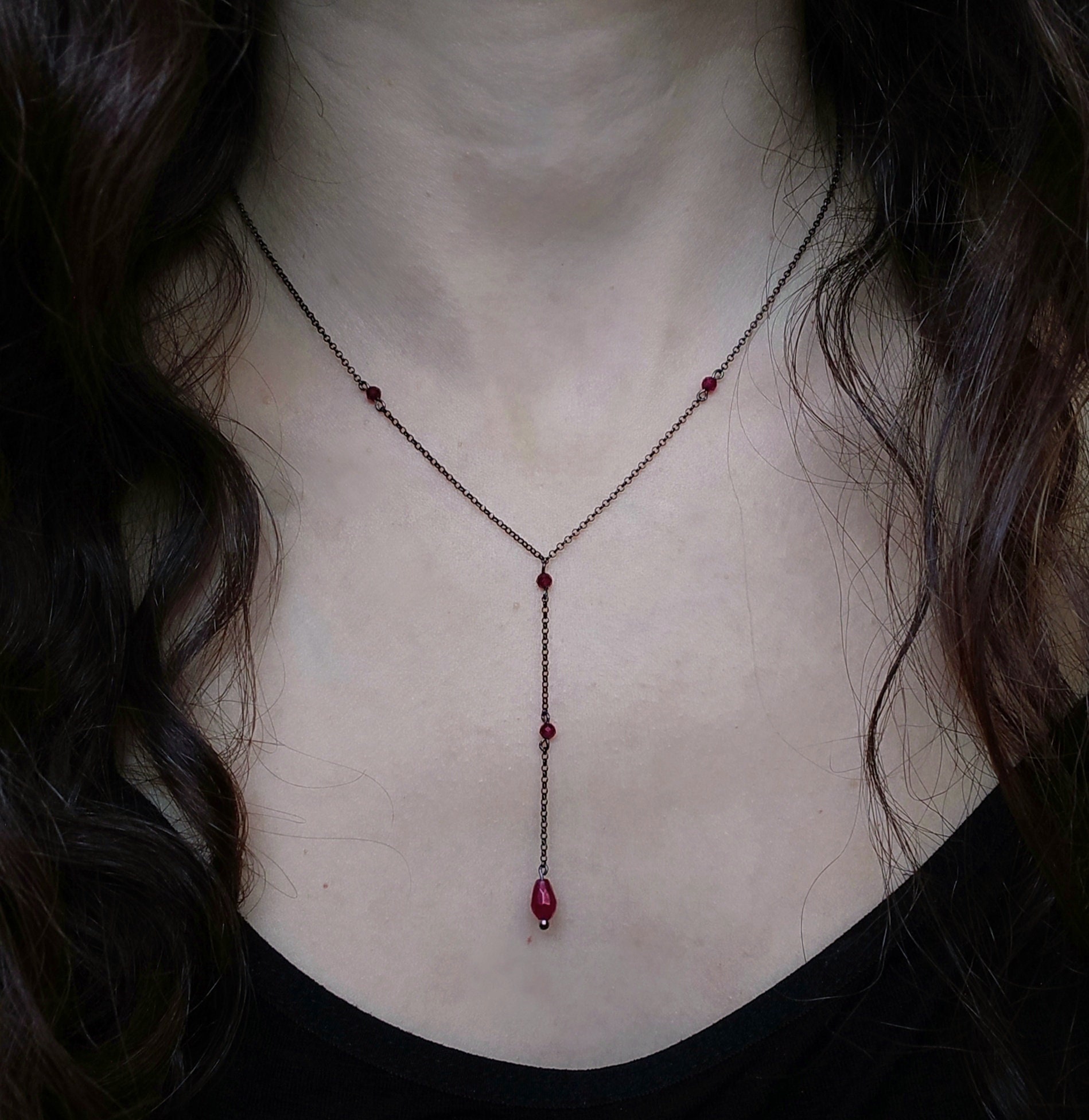 Artemis Dreaming / Dainty Black Y Necklace / Dark Red Drop Necklace /  Sterling Silver Chain / Gothic Witchy Gemstone Necklace - Etsy