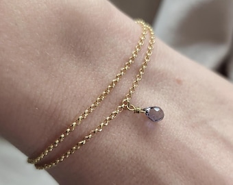 Purple Iolite Teardrop Bracelet: 14K Gold Vermeil Chain, Ethereal Gemstone