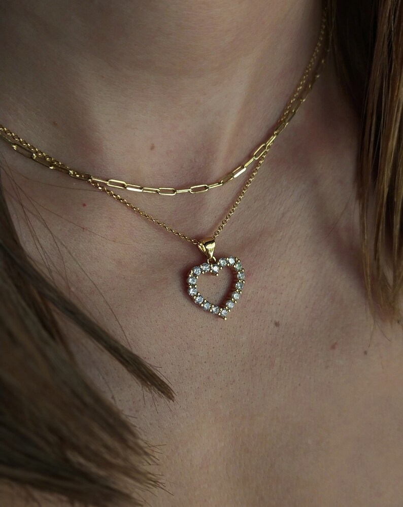 Gold heart necklace Open rhinestone heart necklace heart jewelry Gift for Her