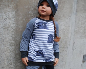 SET Longsleeve und Beanie Mütze "MONSTER" in grau/ antrazit gr. 104