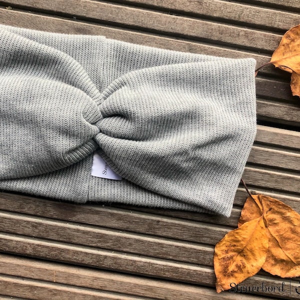 Strick -Stirnband / Haarband 100%Baumwolle mit Raffung Turban hellgrau Damen Herbst / Winter warm