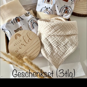 Baby Pumphose Teddy & Regenbogen, Body, Mütze, Lätzchen Geschenk Geburt Geschenkset Taufe neutral beige grau Bär Bild 3