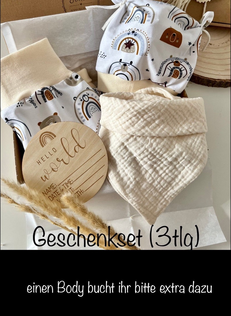 Baby Pumphose Teddy & Regenbogen, Body, Mütze, Lätzchen Geschenk Geburt Geschenkset Taufe neutral beige grau Bär Bild 3