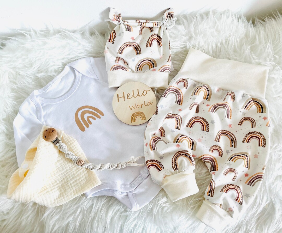 Bio Sweat Pumphose Body Mütze Tuch Regenbogen Baby Erstlings Set  Mitwachsend Hose Neugeborenen Geschenk Geburt Geschenkset Taufe - Main Image