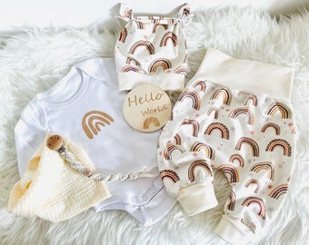 Bio Sweat Pumphose Body Mütze Tuch Gr.50-98 Regenbogen Baby Erstlings Set mitwachsend Hose Neugeborenen Geschenk Geburt Geschenkset Taufe