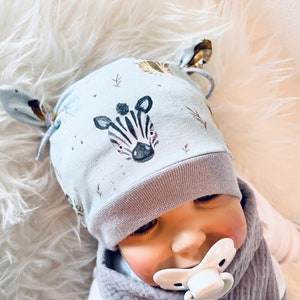 Baby SAFARI Set Giraffen Zebra Löwe grau-blau Pumphose Mütze Musselin Tuch Neugeborenen Geschenk Geburt Taufe Geschenkset Junge Bild 5