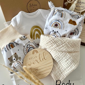 Baby Pumphose Teddy & Regenbogen, Body, Mütze, Lätzchen Geschenk Geburt Geschenkset Taufe neutral beige grau Bär image 5