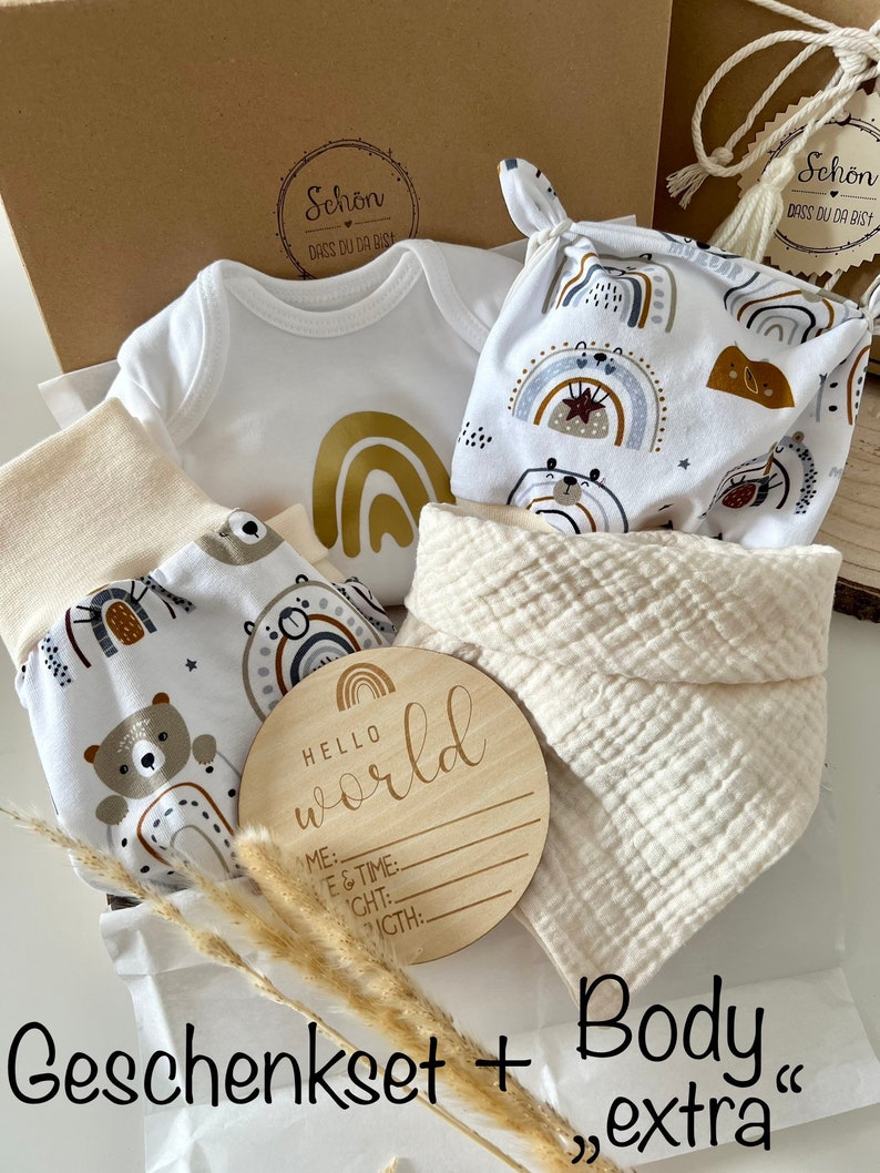 Baby Pumphose Teddy & Regenbogen, Body, Mütze, Lätzchen Geschenk Geburt Geschenkset Taufe neutral beige grau Bär image 5
