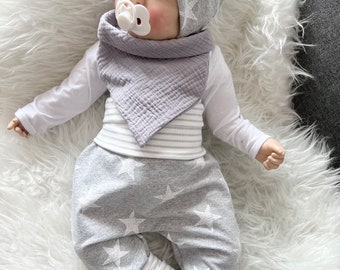 Baby Erstlings Pumphose  STERNE grau Geschenk Geburt Taufe Pumphose Mütze Beanie Hose Mitwachshose Neugeborenen neutral Taufe Geschenkset