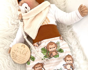 Baby Erstlings Set Äffchen creme Geschenk Geburt Pumphose Mütze Hose Mitwachshose Neugeborenen neutral Taufe Geschenkset Affe