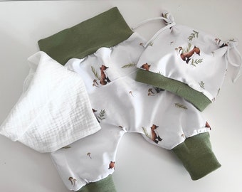 Baby Pumphose FUCHS  Geschenk Geburt Taufe  Hose Mitwachshose Neugeborenen neutral Taufe Geschenkset