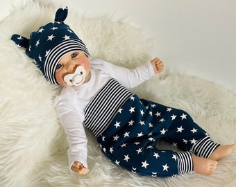 Baby marine Sterne Pumphose Mütze Tuch Neugeborenen Set Geschenk Geburt Taufe neutral maritim Hose Mitwachshose Junge