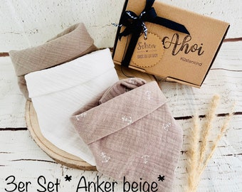 Baby 3er Set Geschenbox * Lätzchen ANKER Musselin * mint blau grau rosa * Tuch maritim Geschenk Set Geburt Taufe Junge Mädchen