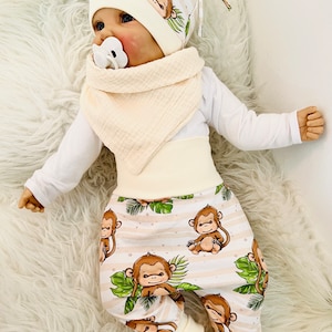 Baby Erstlings Set Äffchen creme Geschenk Geburt Pumphose Mütze Hose Mitwachshose Neugeborenen neutral Taufe Geschenkset Affe imagen 7