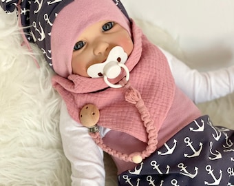 Baby Erstlings Set ANKER grau altrosa rosa Pumphose Mütze Body Lätzchen maritim Neugeborenen Mädchen Geschenk Geburt Taufe Geschenkset