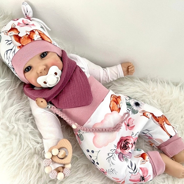 Baby Erstlings Set Rehkitz Reh Rosen Romantik Pumphose Mütze Hose Mitwachshose Neugeborenen Mädchen Geschenk Geburt Taufe Geschenkset