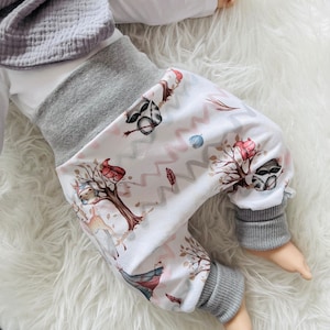 Baby Erstlings Pumphose Waldfreunde grau Hose Mitwachshose Neugeborenen Geschenk Geburt Taufe Mädchen Junge neutral