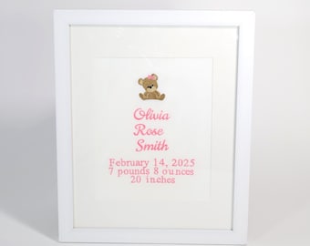 Personalized Embroidered Birth Announcement, Custom Nursery Wall Art