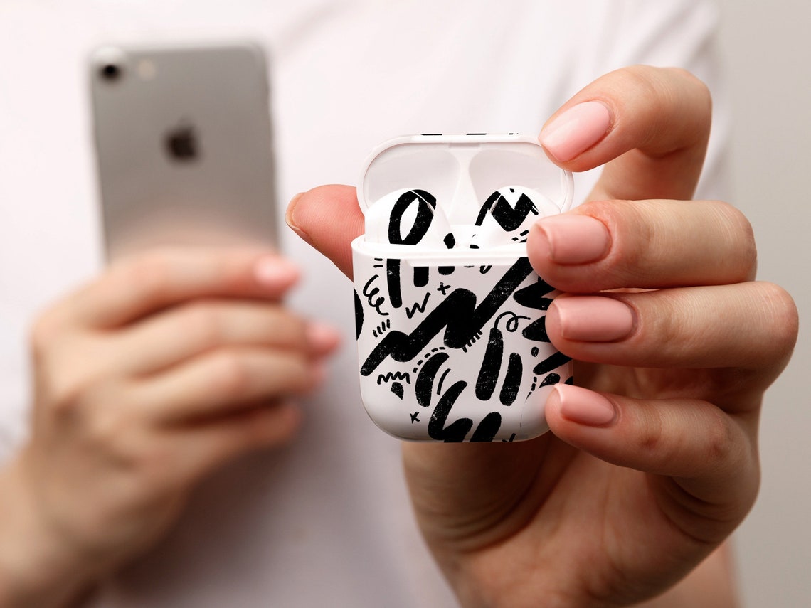 Black doodles print AirPods Skin black vinyl skin art style | Etsy
