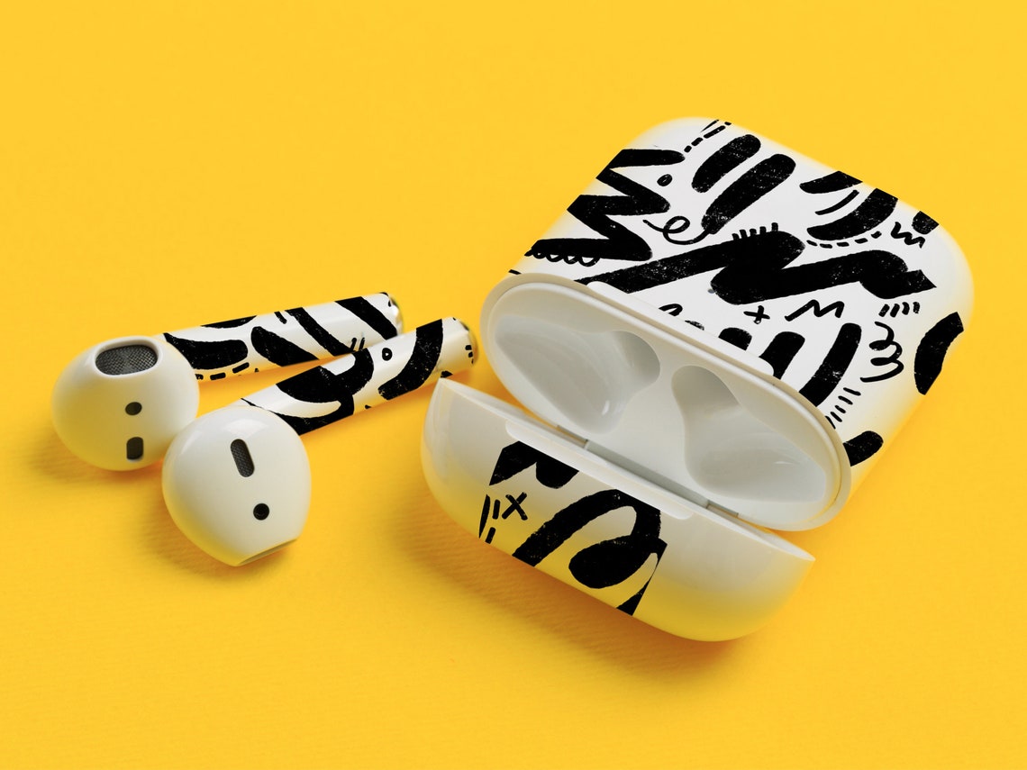 Black doodles print AirPods Skin black vinyl skin art style | Etsy