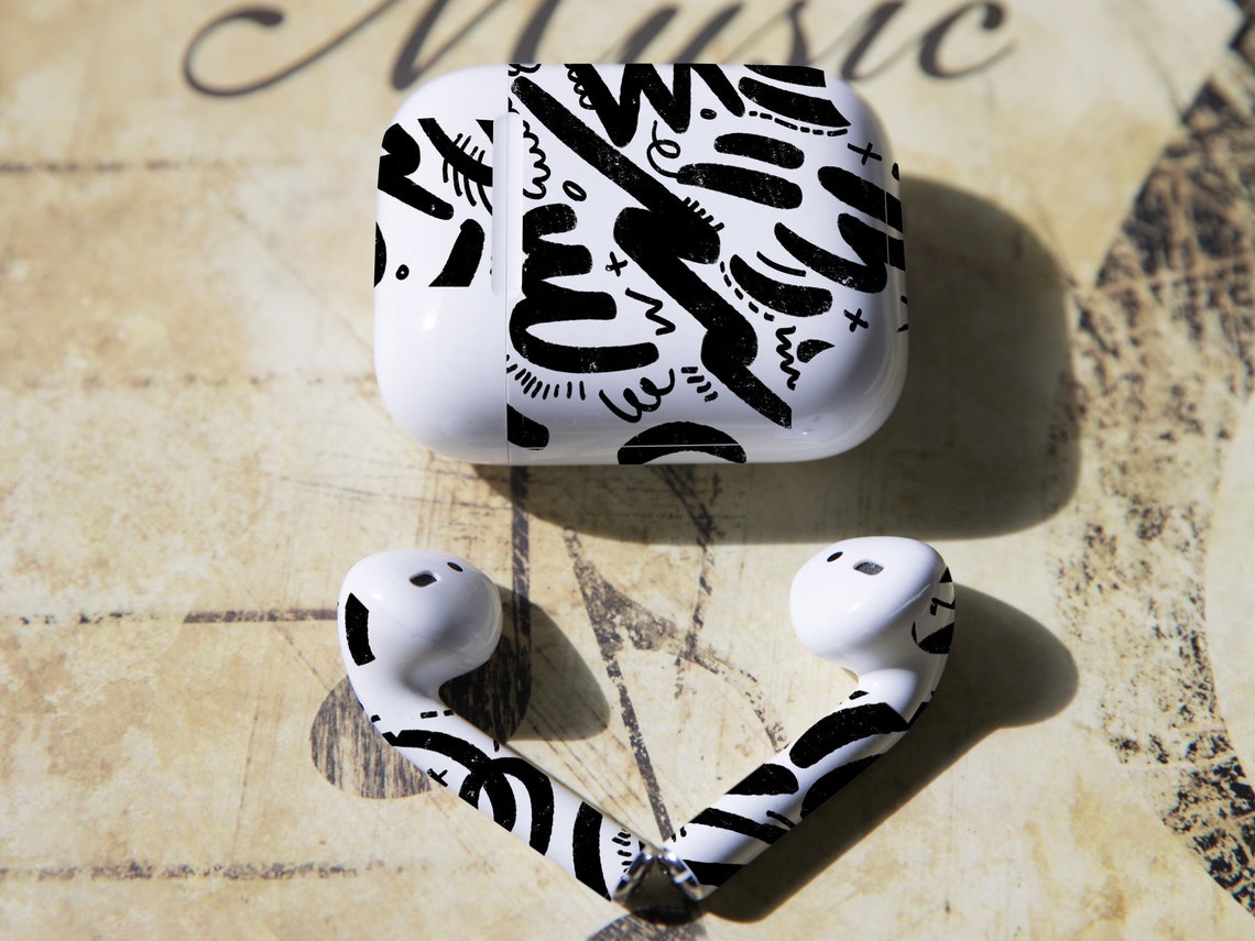Black doodles print AirPods Skin black vinyl skin art style | Etsy