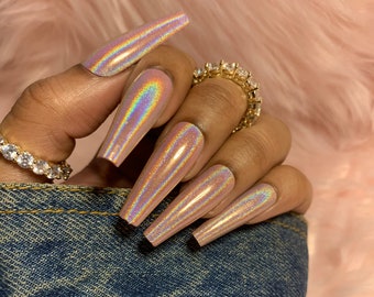 Holographic press on nails| Chrome nails| Pink glittery nails| Ballerina coffin nails