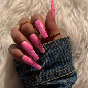 Pink Marble Nails Ballerina Coffin Nails Marble Press on Gel Nails