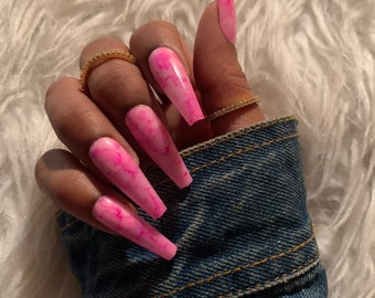 Pink Marble Press On Nails: Ballerina Coffin Gel Nails