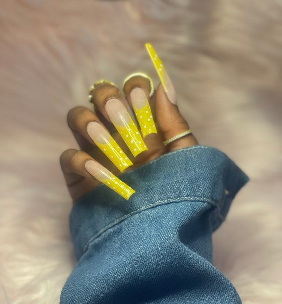 French Tip Nails Yellow French Tip Nails Polka Dot Nails - Etsy