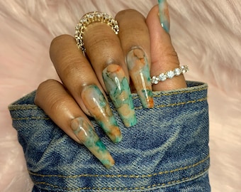 Angel nails| Emerald Marble Press On Nails