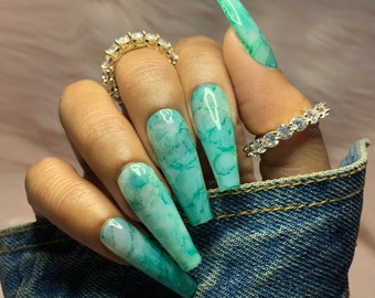 Green marble Press on Nails| Emerald marble nails