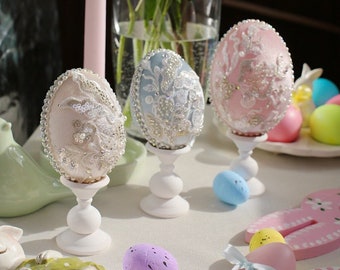 Pink velvet Easter eggs for table setting. Present Set for Easter- 3 pcs. Blue easter eggs, White easter eggs.  Easter decor for table.