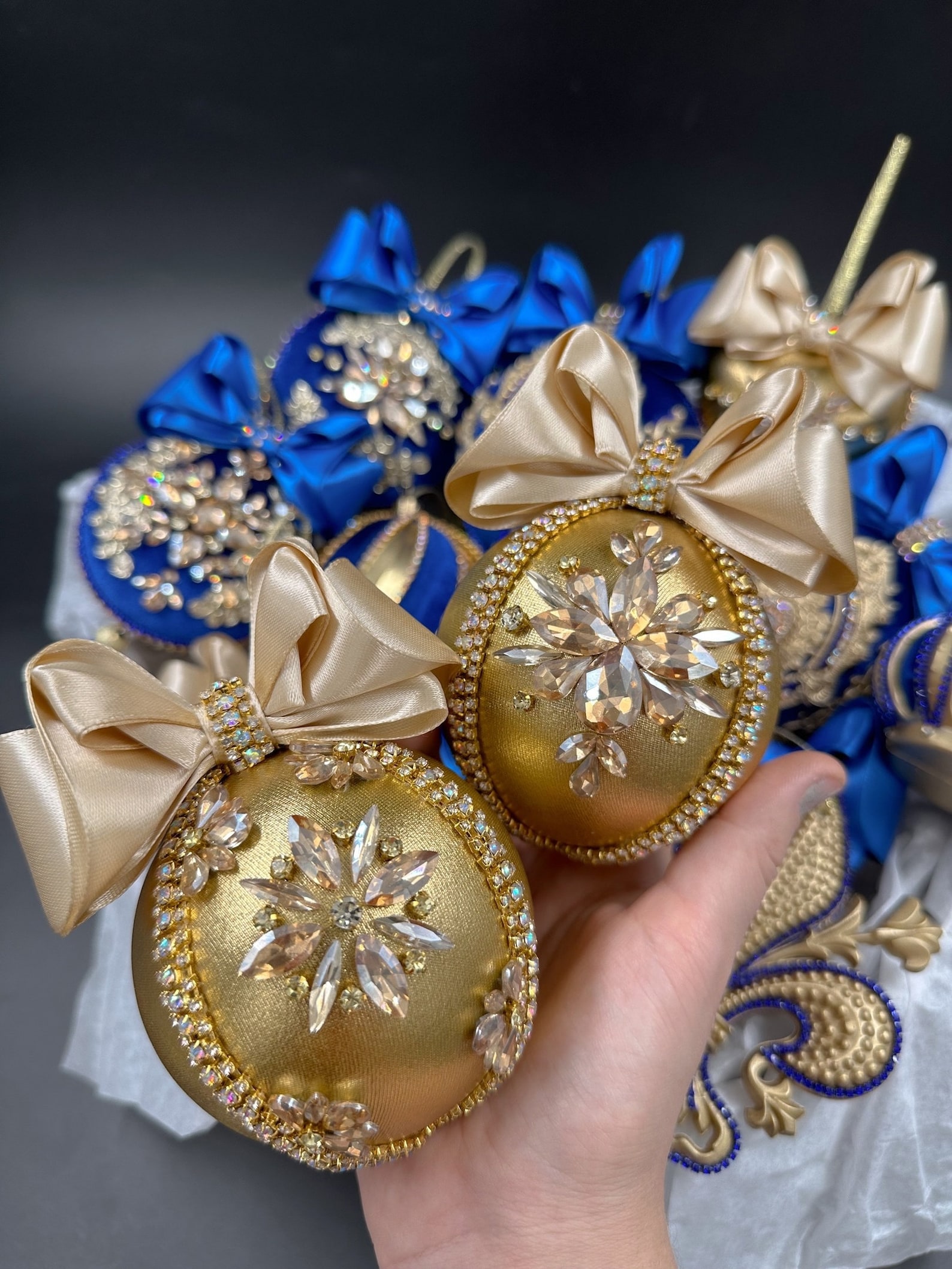 Set of Royal Blue and Gold Christmas Ornaments in the Gift Box. Velvet ...