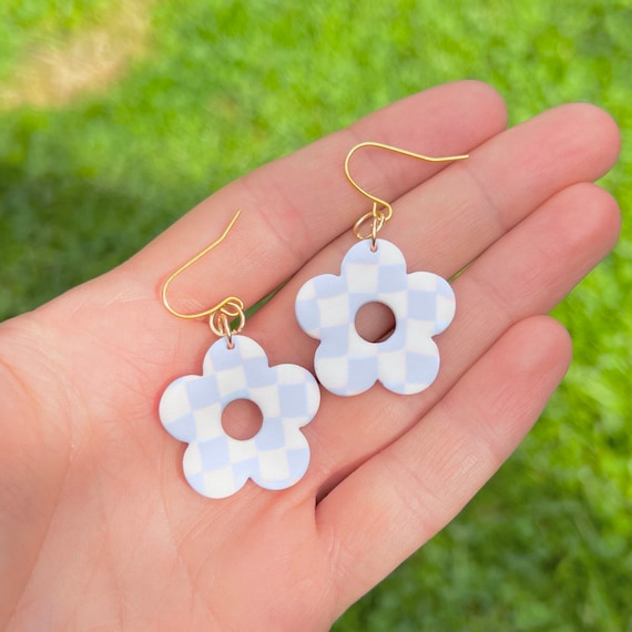 Buy Checkered Flower Aesthetic Earrings Handmade Polymer Clay