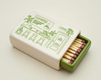 Coffee Illustration Match Box | Green and White | Aesthetic Room Decor | Match Box & Matches | Coffee Lover