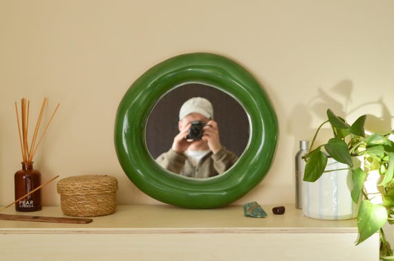 Handmade Forest Green Sculptural Mirror | Vanity Wall Mirror | Abstract Organic Shape | Earthy Aesthetic | Statement Decor