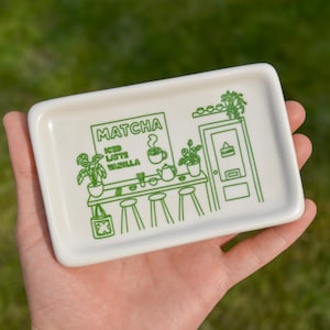 Prydnadsfat med matcha-illustration | Estetisk rumsinredning | Smyckesfat | Matcha-älskare