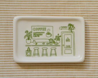 Trinket Dish with Coffee Shop Illustration | Aesthetic Room Decor | Jewellery Dish | Coffee Lover