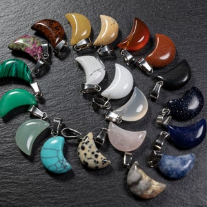 Small Gemstone Moon Pendant EU, Crystal new moon Pendant Necklace, Crescent moon, Choose your stone -  Quartz, Agate, Jasper, Obsidian etc